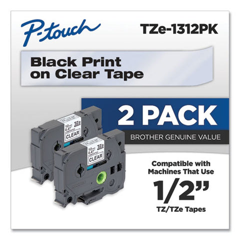 Tze Standard Adhesive Laminated Labeling Tapes, 0.47" X 26.2 Ft, Black On Clear, 2/pack