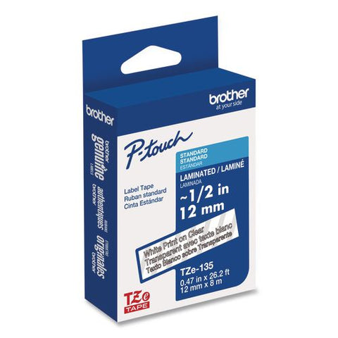 Tze Standard Adhesive Laminated Labeling Tape, 0.47" X 26.2 Ft, White On Clear