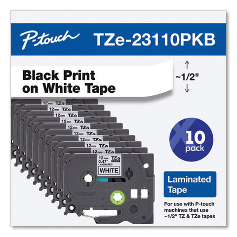 Tze Series Standard Adhesive Laminated Labeling Tape, 0.5", Black On White, 10/pack
