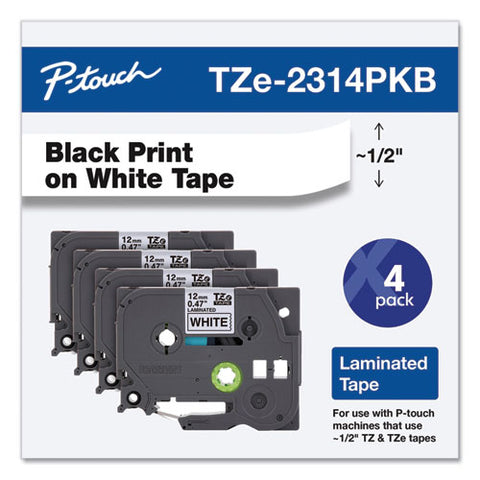 Tze Series Standard Adhesive Laminated Labeling Tape, 0.5", Black On White, 4/pack