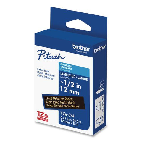 Tze Standard Adhesive Laminated Labeling Tape, 0.47" X 26.2 Ft, Gold On Black