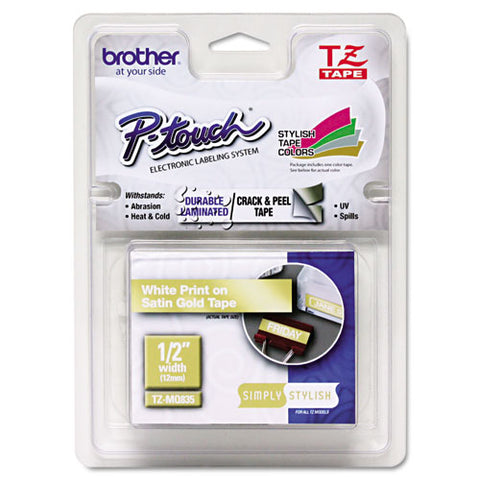 Tz Standard Adhesive Laminated Labeling Tape, 0.47" X 16.4 Ft, White/satin Gold