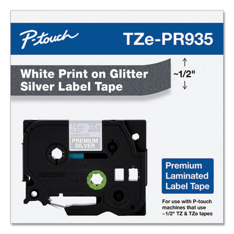 Tze Premium Laminated Tape, 0.47" X 26.2 Ft, White On Silver