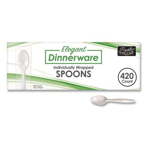 Elegant Dinnerware Heavyweight Cutlery, Individually Wrapped, Spoon, Plastic, White, 420/box