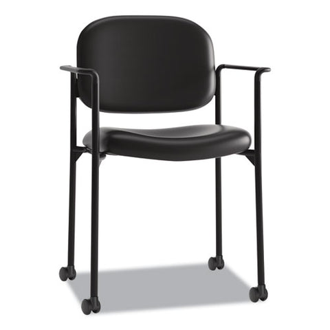 Vl616 Stacking Guest Chair With Arms, Bonded Leather Upholstery, 23.25" X 21" X 32.75", Black Seat, Black Back, Black Base