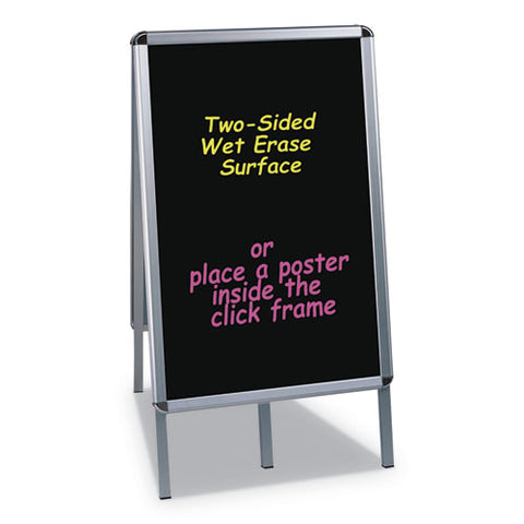 Reversible Wet Erase Sign Board With Poster Clips, Stands 42" Tall, 23" X 33" Black Surfaces, Satin Aluminum Frame