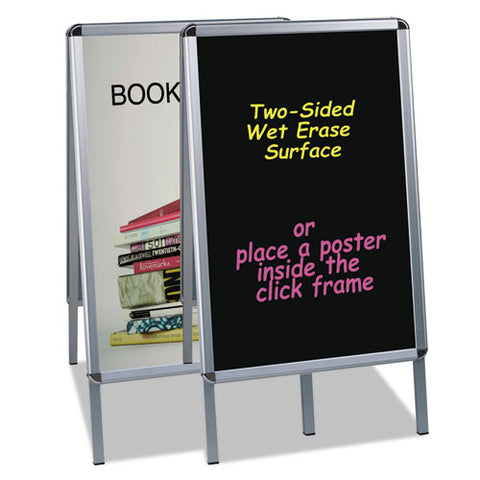 Reversible Wet Erase Sign Board With Poster Clips, Stands 42" Tall, 23" X 33" Black Surfaces, Satin Aluminum Frame