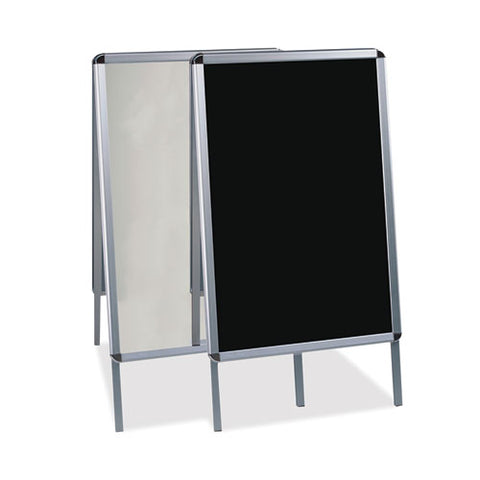 Reversible Wet Erase Sign Board With Poster Clips, Stands 42" Tall, 23" X 33" Black Surfaces, Satin Aluminum Frame