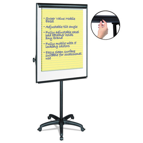 Silver Easy Clean Dry Erase Mobile Presentation Easel, 27.5" X 39", White Surface, Black Aluminum/steel Frame