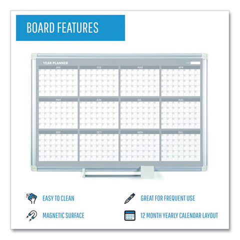 Magnetic Dry Erase Calendar Board, 12-month Planning/scheduling, 36" X 24", White Surface, Satin Aluminum Frame