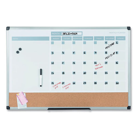 3-in-1 Planner Board, Monthly Planning/scheduling Calendar, 24" X 18", Tan/white/blue Surface, Satin Aluminum Frame