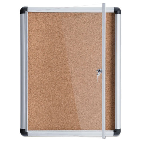 Slim-line Enclosed Cork Bulletin Board With One Door, 28" X 38", Tan Surface, Satin Aluminum Frame