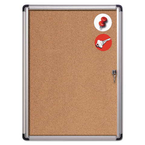 Slim-line Enclosed Cork Bulletin Board With One Door, 28" X 38", Tan Surface, Satin Aluminum Frame