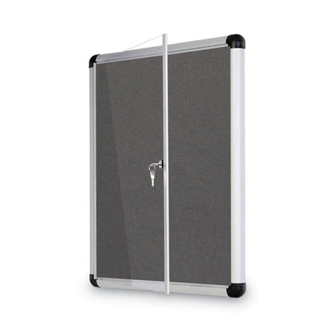 Slim-line Enclosed Fabric Bulletin Board With One Door, 28" X 38", Gray Surface, Satin Aluminum Frame