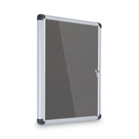 Slim-line Enclosed Fabric Bulletin Board With One Door, 28" X 38", Gray Surface, Satin Aluminum Frame