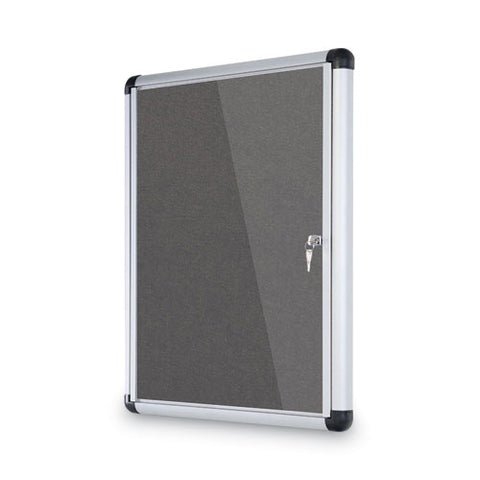 Slim-line Enclosed Fabric Bulletin Board With One Door, 28" X 38", Gray Surface, Satin Aluminum Frame