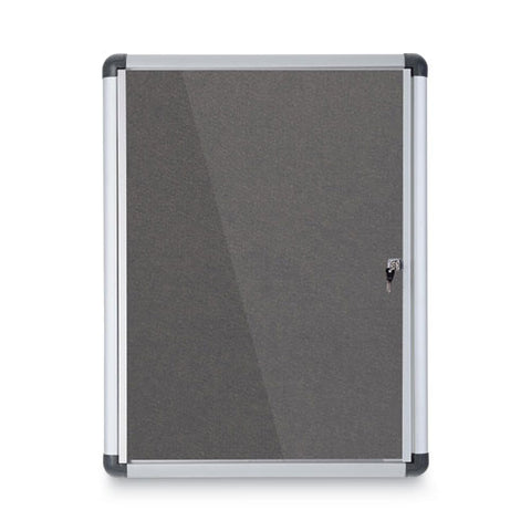 Slim-line Enclosed Fabric Bulletin Board With One Door, 28" X 38", Gray Surface, Satin Aluminum Frame