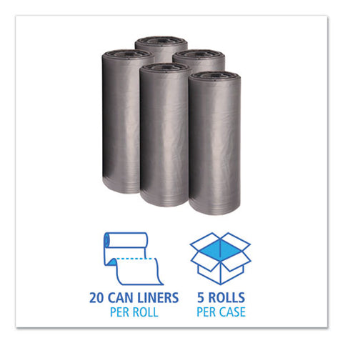 Low-density Waste Can Liners, 60 Gal, 1.1 Mil, 38" X 58", Gray, Perforated Roll, 20 Bags/roll, 5 Rolls/carton