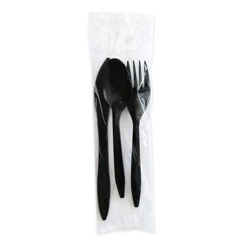 Three-piece Cutlery Kit, Fork/knife/teaspoon, Polystyrene, Black, 250/carton