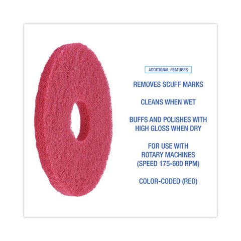 Buffing Floor Pads, 12" Diameter, Red, 5/carton