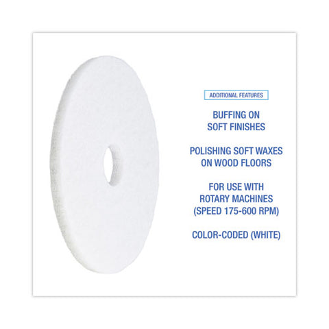 Polishing Floor Pads, 16" Diameter, White, 5/carton