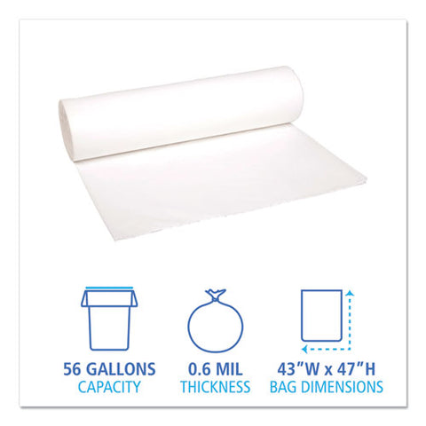 Low-density Waste Can Liners, 56 Gal, 0.6 Mil, 43" X 47", White, Perforated Roll, 25 Bags/roll, 4 Rolls/carton