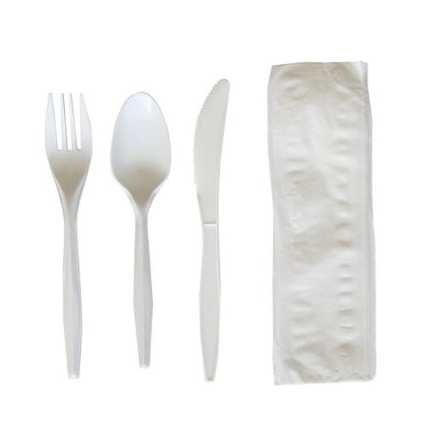 Four-piece Polypropylene Cutlery Kit, Mediumweight, Fork/knife/napkin/spoon, Plastic, White, 250/carton