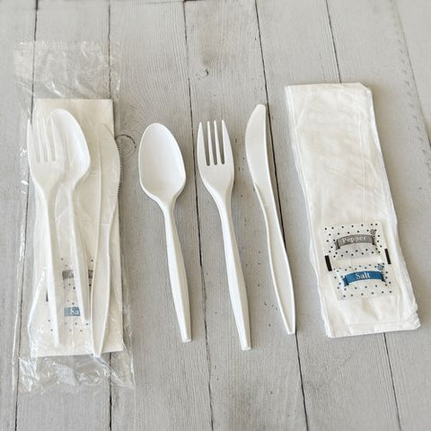 Six-piece Cutlery Kit, Fork/knife/teaspoon/napkin/pepper/salt, White, 1,000/carton