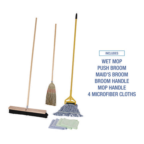 Cleaning Kit, Medium Blue Cotton/rayon/synthetic Head, 60" Natural/yellow Wood/metal Handle