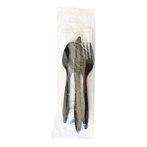 Six-piece Cutlery Kit, Fork/knife/napkin/pepper/salt/spoon, Black, 250/carton