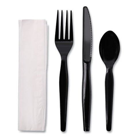 Four-piece Cutlery Kit, Fork/knife/napkin/teaspoon, Heavyweight, Black, 250/carton