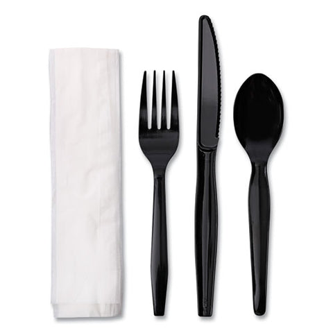 Four-piece Cutlery Kit, Fork/knife/napkin/teaspoon, Black, 250/carton