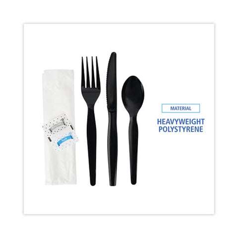 Six-piece Cutlery Kit, Condiment/fork/knife/napkin/spoon, Heavyweight, Black, 250/carton