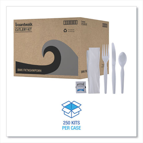 Six-piece Cutlery Kit, Condiment/fork/knife/napkin/spoon, Heavyweight, White, 250/carton