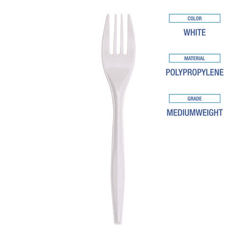 Mediumweight Polypropylene Cutlery, Fork, White, 1000/carton