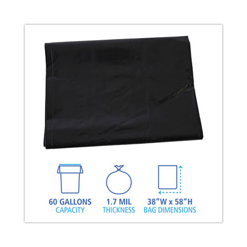 Linear Low Density Industrial Can Liners, 60 Gal, 1.7 Mil, 38" X 58", Black, Flat Pack, 100/carton