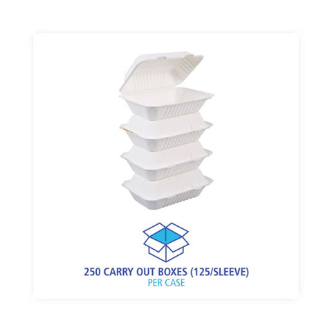 Bagasse Food Containers, Hinged-lid, 1-compartment 9 X 6 X 3.19, White, Sugarcane, 125/sleeve, 2 Sleeves/carton