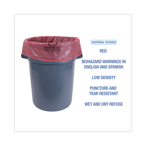 Linear Low Density Health Care Trash Can Liners, 45 Gal, 1.3 Mil, 40" X 46", Red, Flat Pack, 100/carton