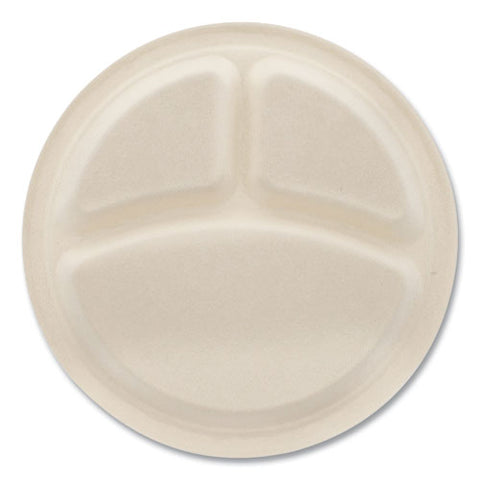 Bagasse Pfas-free Dinnerware, 3-compartment Plate, 10" Dia, Tan, 500/carton