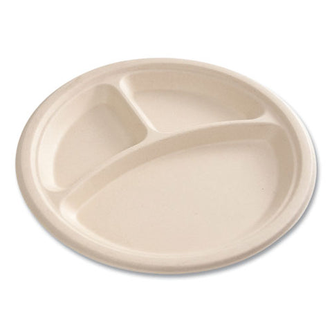 Bagasse Pfas-free Dinnerware, 3-compartment Plate, 10" Dia, Tan, 500/carton