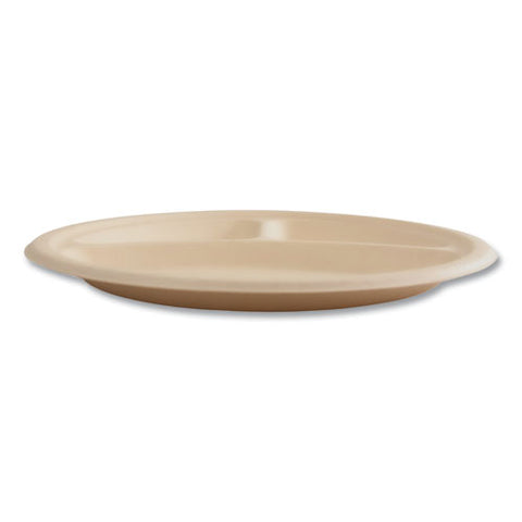 Bagasse Pfas-free Dinnerware, 3-compartment Plate, 10" Dia, Tan, 500/carton