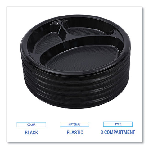 Hi-impact Plastic Dinnerware, 3-compartment Plate, 10" Dia, Black, 125/sleeve, 4 Sleeves/carton