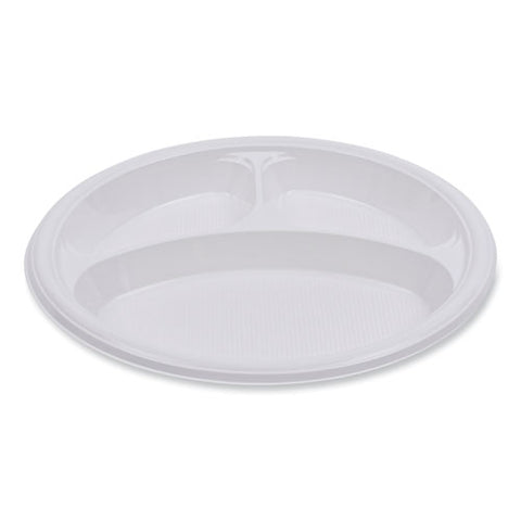 Hi-impact Plastic Dinnerware, 3-compartment Plate, 10" Dia, White, 500/carton