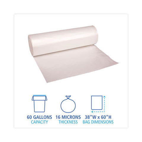 High Density Industrial Can Liners Coreless Rolls, 60 Gal, 16 Mic, 38" X 60", Natural, Perforated, 25 Bags/roll, 8 Rolls/ct