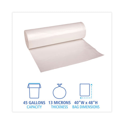 High Density Industrial Can Liners Coreless Rolls, 45 Gal, 13 Mic, 40" X 48", Natural, Perforated, 25 Bags/roll, 10 Rolls/ct