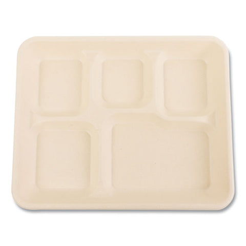 Bagasse Pfas-free Food Tray, 5-compartment, 8.26 X 0.98 X 10.9, Tan, Bamboo/sugarcane, 500/carton