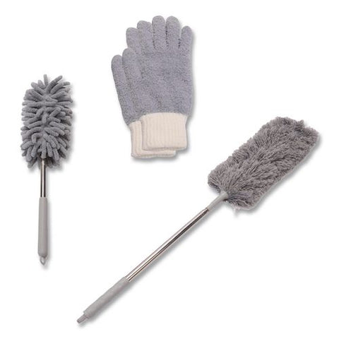Dusting Set, Feather Duster, Dusting Wand, 2 Gloves, Gray