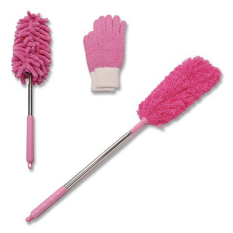 Dusting Set, Feather Duster, Dusting Wand, 2 Gloves, Pink