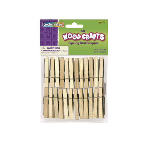 Wood Spring Clothespins, 3.38" Length, Natural, 50/pack