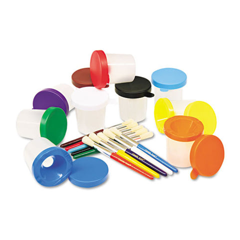 No-spill Cups And Coordinating Brushes, Assorted Color Lids/clear Cups, 10/set